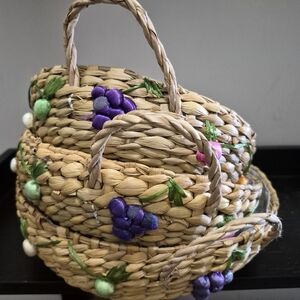 Vintage Basket Straw Raffia Casserole Dish Carriers 3 Nesting Round